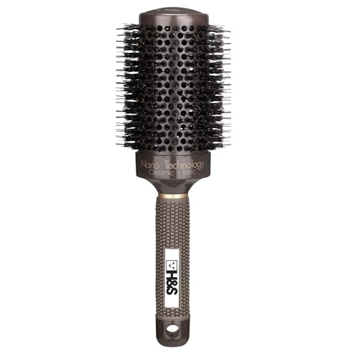 H&S Round Brush For Blow Drying - 2 Inch Thick - Large Ceramic Styling Boar Bristle Brush - Ionic & Nano Technology for Voluminous Hair