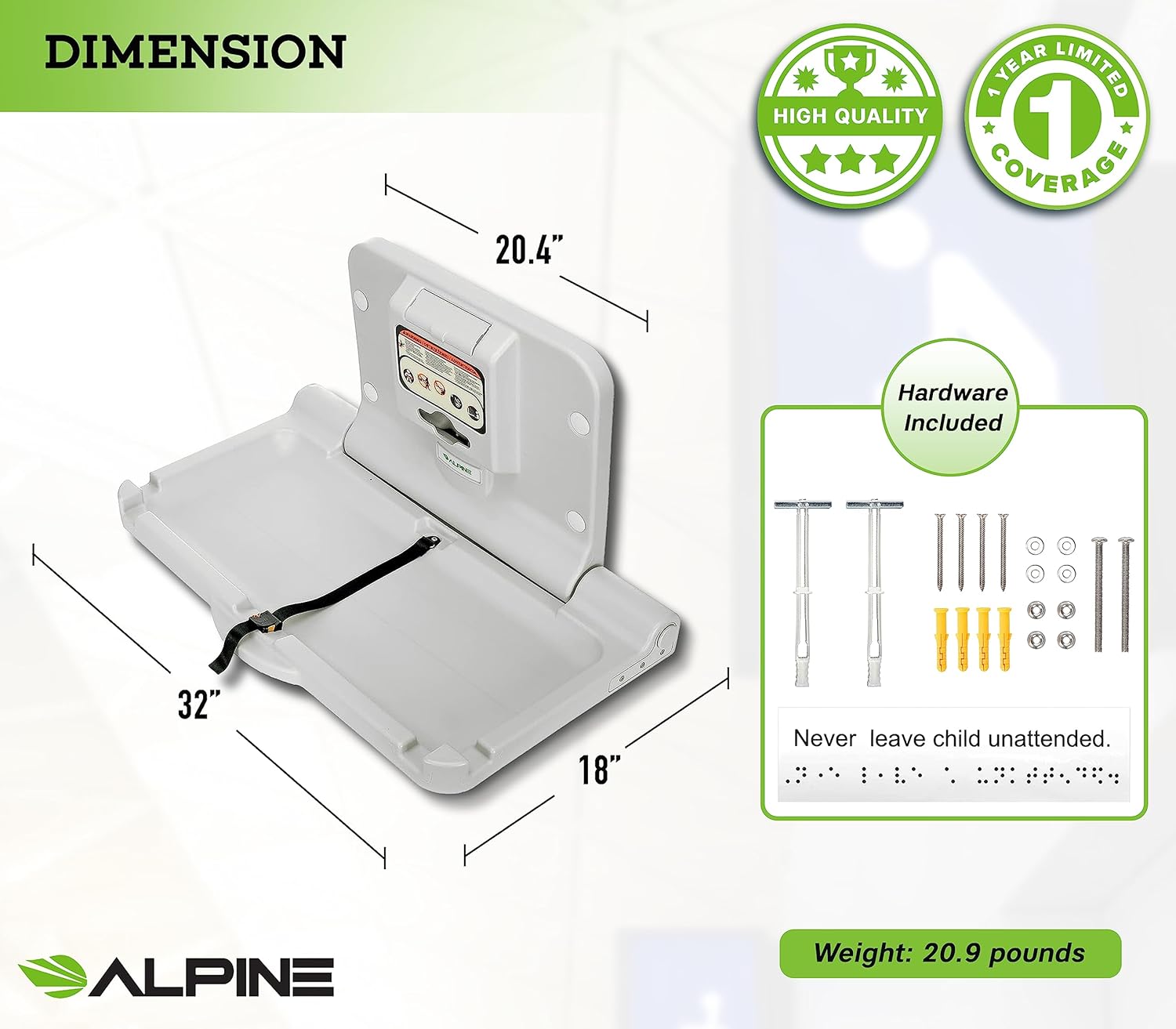 Alpine Wall Mounted Baby Changing Station - Horizontal Baby Changing Table Foldable Diaper Tables with Safety Strap for Commercial Bathroom, ADA Complaint (Hardware Included) White Gray