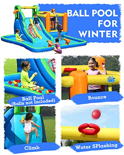Action Air Bounce House or Water Slide, 7-in-1 Inflatable Bouncer Combo with Large Pool, Fun Bounceing Area with Basketball Hoop, Long Double Slide with 2 Water Sprays, Air Blower Included