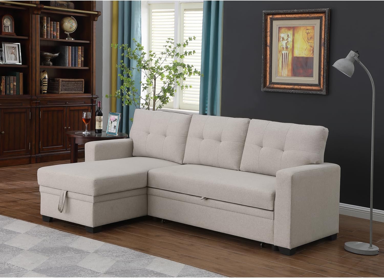 Devion Furniture Polyester Fabric Reversible Sleeper Sectional Sofa-Beige
