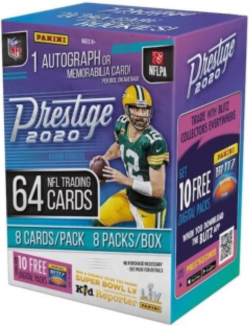 2020 Panini Prestige NFL Football BLASTER box (64 cards/bx incl. ONE Memorabilia or Autograph card)