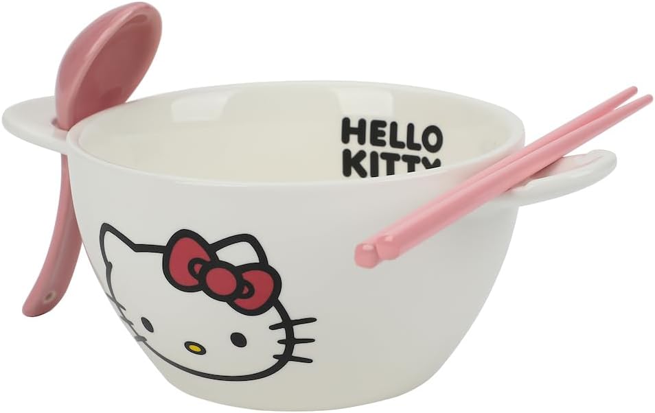 Bioworld Hello Kitty Sanrio Enjoy The Little Things Ceramic Ramen Bowl With Spoon & Chopsticks