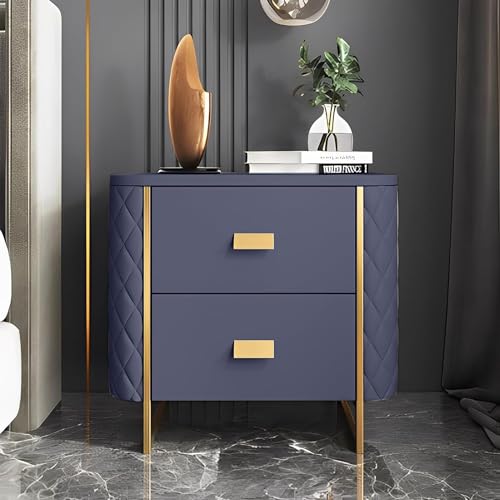 2 Drawermid Century Modern Nightstand, Luxurious Solid Color Minim Alist Noght Stand, Gold Stainless Bracket, Sofa Side Table for Living Room - Solid Wood No Assembly Required (Navy Blue)