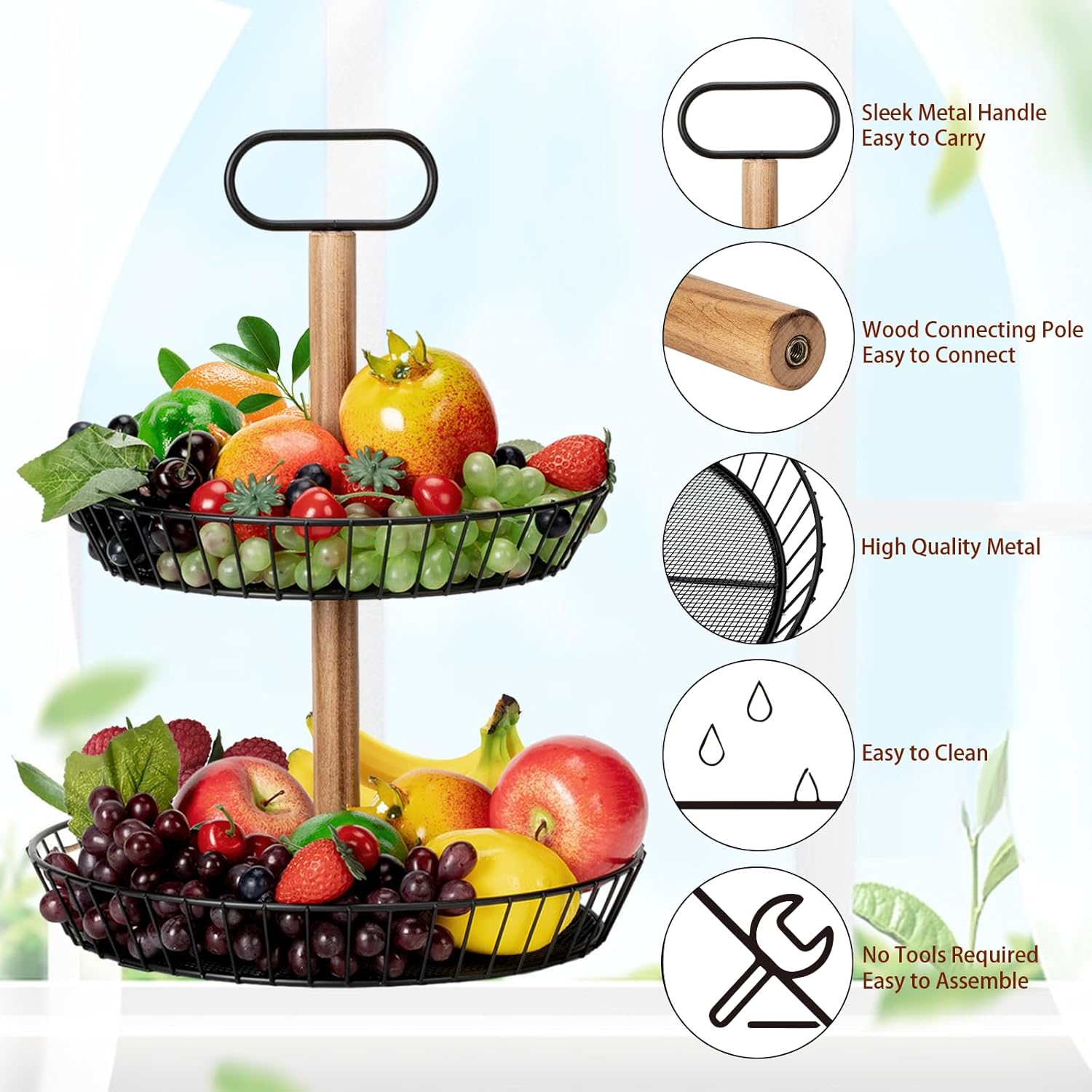 2 Tier Countertop Fruit Basket Bowl, Kitchen Counter Large Fruit Basket Metal Wire Storage Basket Fruits Stand Holder Organizer (Black)