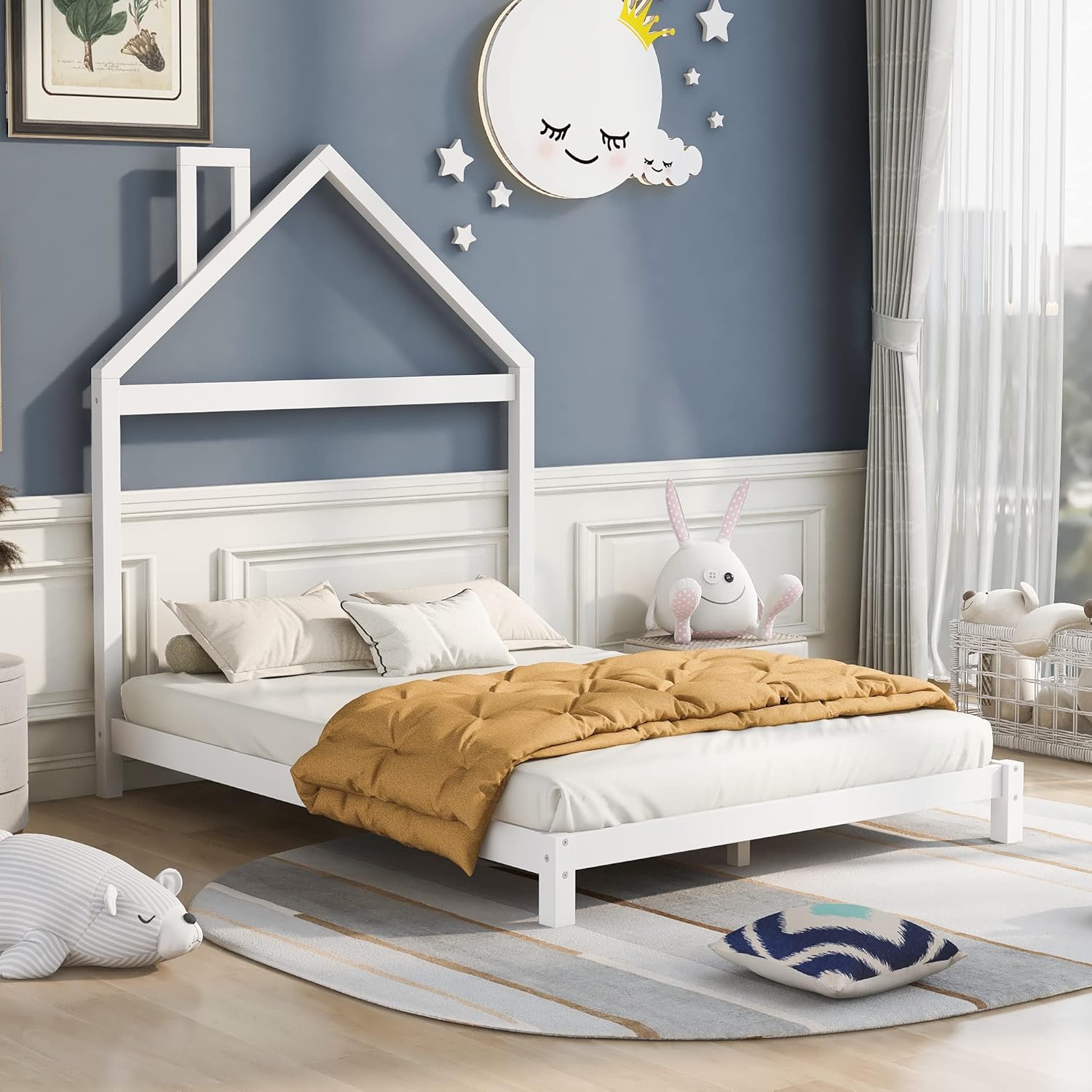 Lifeand Full Size Wood Platform Bed with House-shaped Headboard for Kids Teens,No Box Spring Required,White