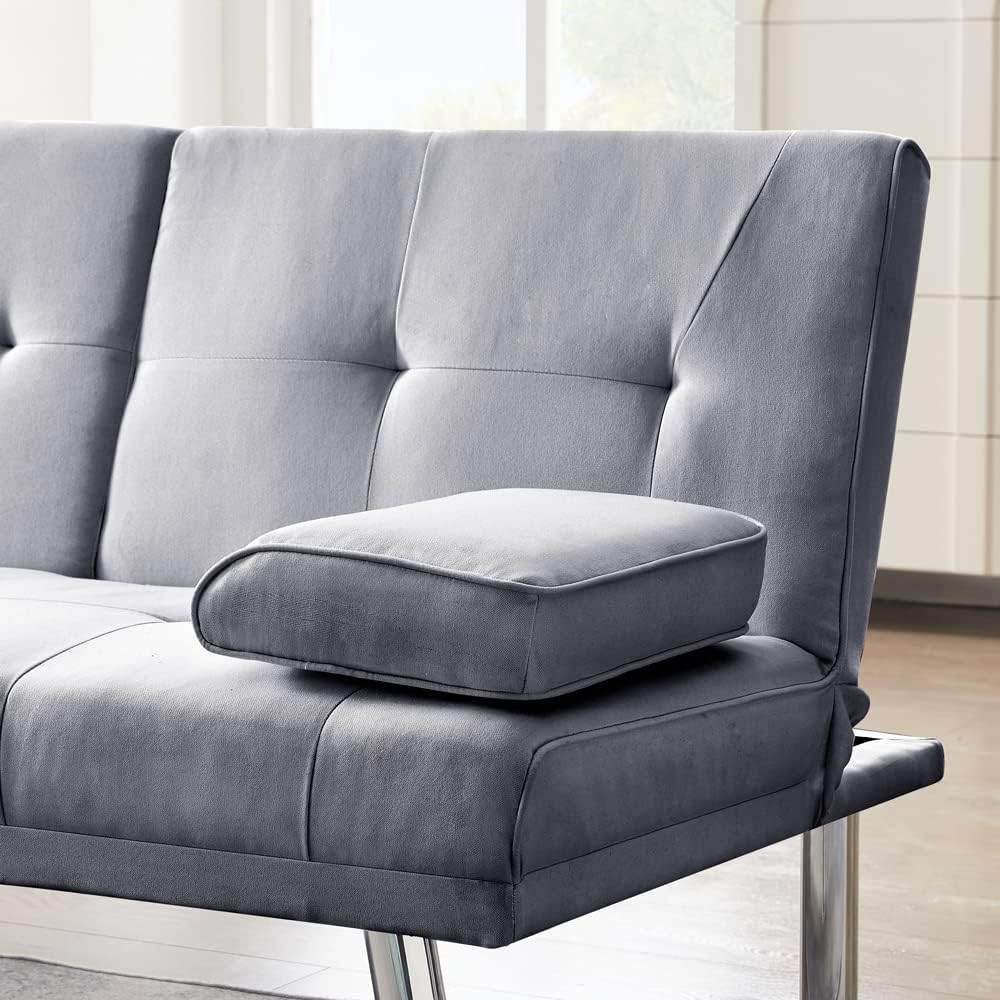 Convertible Folding Futon Sofa Bed, Fabric Linen Upholstered Modern Couch Loveseat Sleeper, Folding Daybed Guest Bed, Removable Armrests, 2 Cup Holders, Metal Legs，Gray