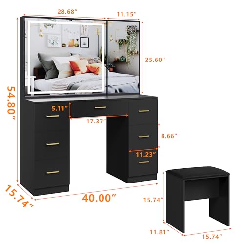 Pink Makeup Vanity Desk with Mirror and Lights for Girls,Makeup Vanity with 7 Drawers and Cushioned Stool,Adjustable Brightness,Bedroom Dressing Table