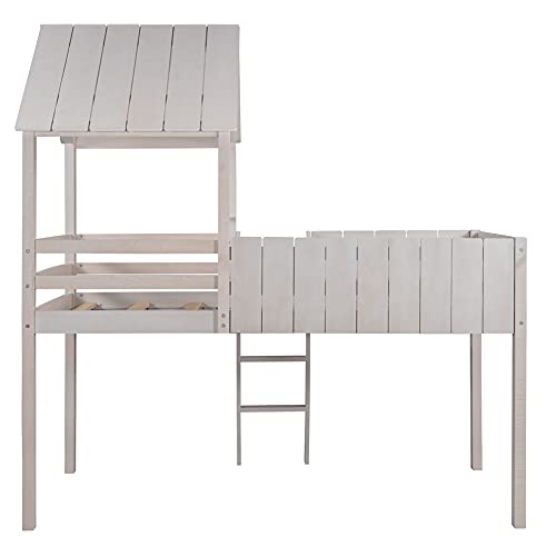 Twin Low Loft Bed with Ladder and Under-Bed Large Space, Pinewood House-Shaped Bed Frame with Roof and Fence-Shaped Guardrails, Bedroom Furniture (Wash Gray)