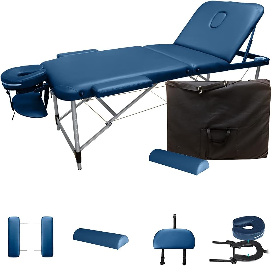 Blue 3-Section Aluminum 84In L Portable Massage Table Facial SPA Bed Tattoo w/Bolster Pillow, Light Pink