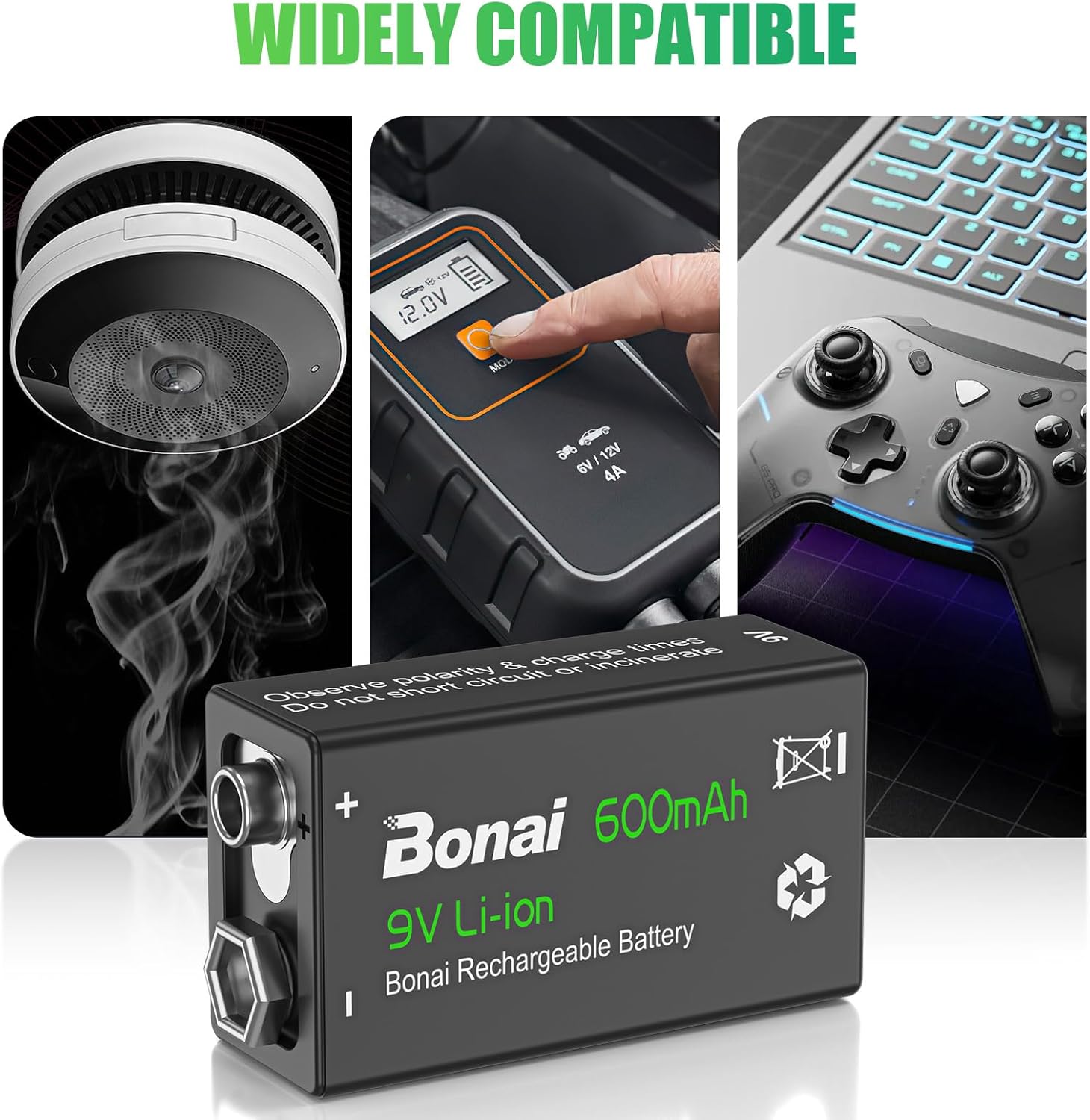 BONAI 6F22 9 Volt Rechargeable Battery(4 Pack) 600mAh Li-ion Rechargeable 9v Batteries with Charger(2 Bay) High Capacity