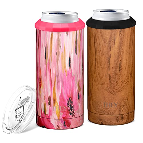 Vacuum Insulated Skinny Can Cooler - THILY Stainless Steel Drink Sleeve Holder for Slim Beer & Hard Seltzer | 2 in 1 Insulated Travel Tumbler with Lid, Fits 12 oz Slim Cans, Lotus Flower