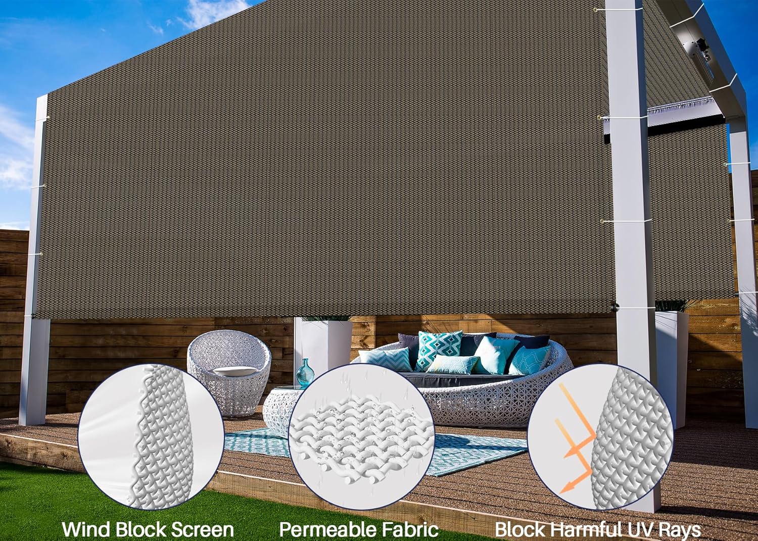 8’ x 12’ Universal Replacement Shade Cover Canopy for Pergola Patio Porch Privacy Shade Screen Panel with Grommets on 2 Sides includes Weighted Rods Breathable UV Block Brown