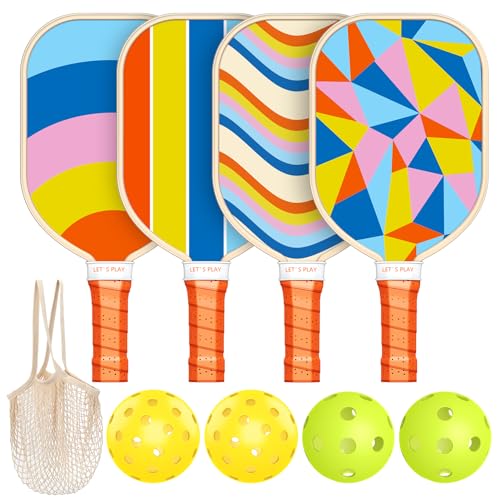 Pickleball Paddles Set of 4, USAPA Approved Premium Wood Pickleball Set with 4 Pickleball Balls and 1 Carry Bag Pickleball Rackets with Ergonomic Cushion Grip for Beginner & Pros Gifts for Women Youth