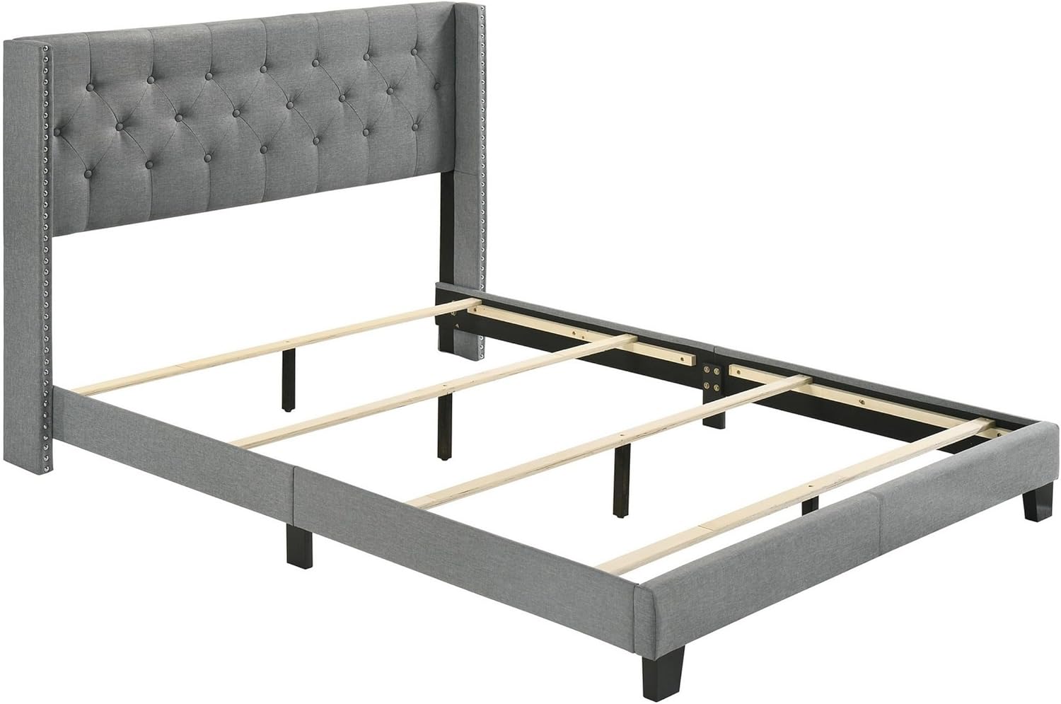 Benjara Lih Modern Wingback Queen Bed, Button Tufted Headboard, Nailhead Trim, Gray, Black