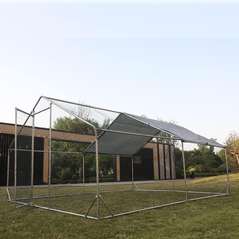 Large Metal Chicken Coop Walk-in Poultry Cage Hen Run House Rabbits Habitat Cage Spire Shaped Coop with Waterproof and Anti-Ultraviolet Cover (10' L x 13' W x 6.4' H)
