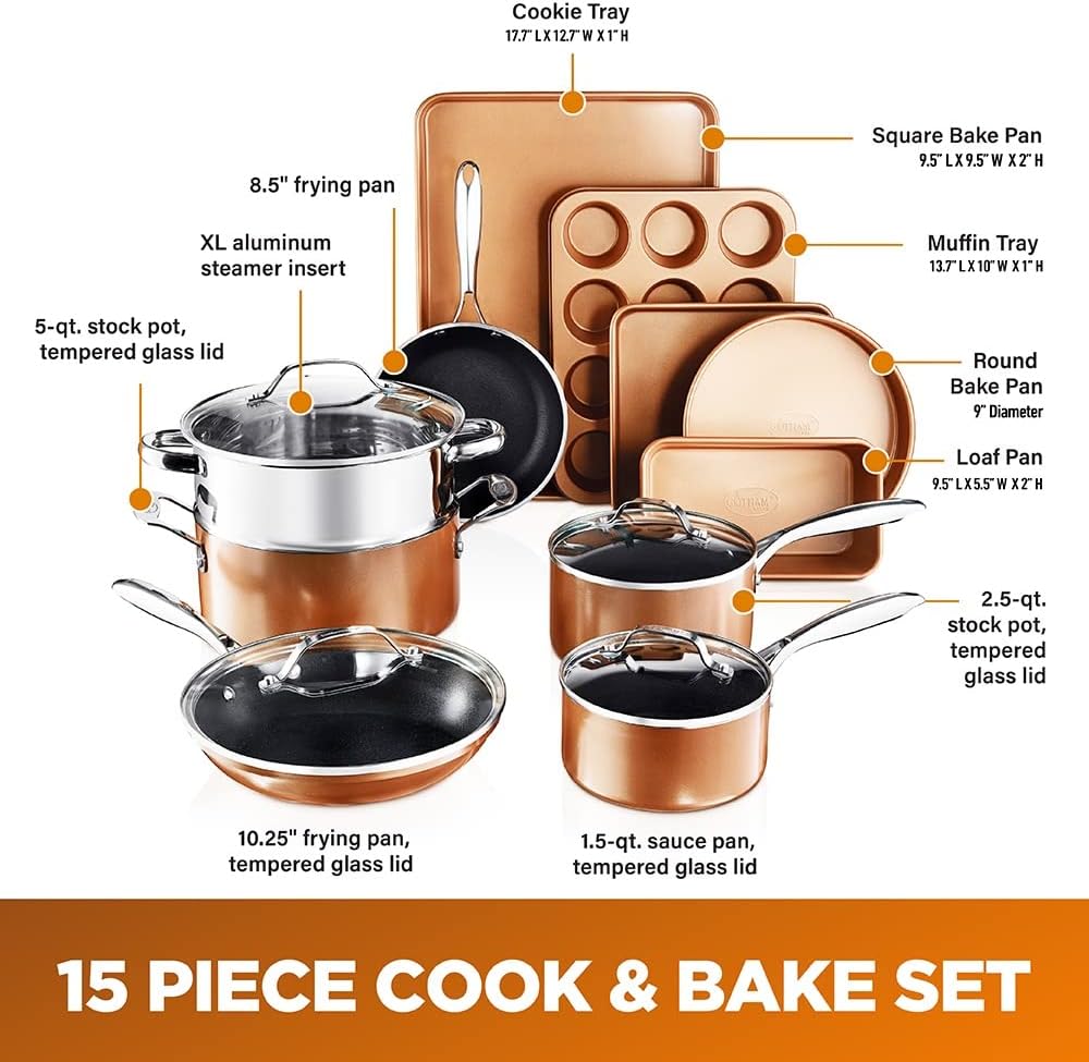 GOTHAM STEEL Copper Cast Cookware & Bakeware Ultra Nonstick Durable Coating – Includes Fry, Stock Pots Baking Pans, 15 Piece Set, Brown