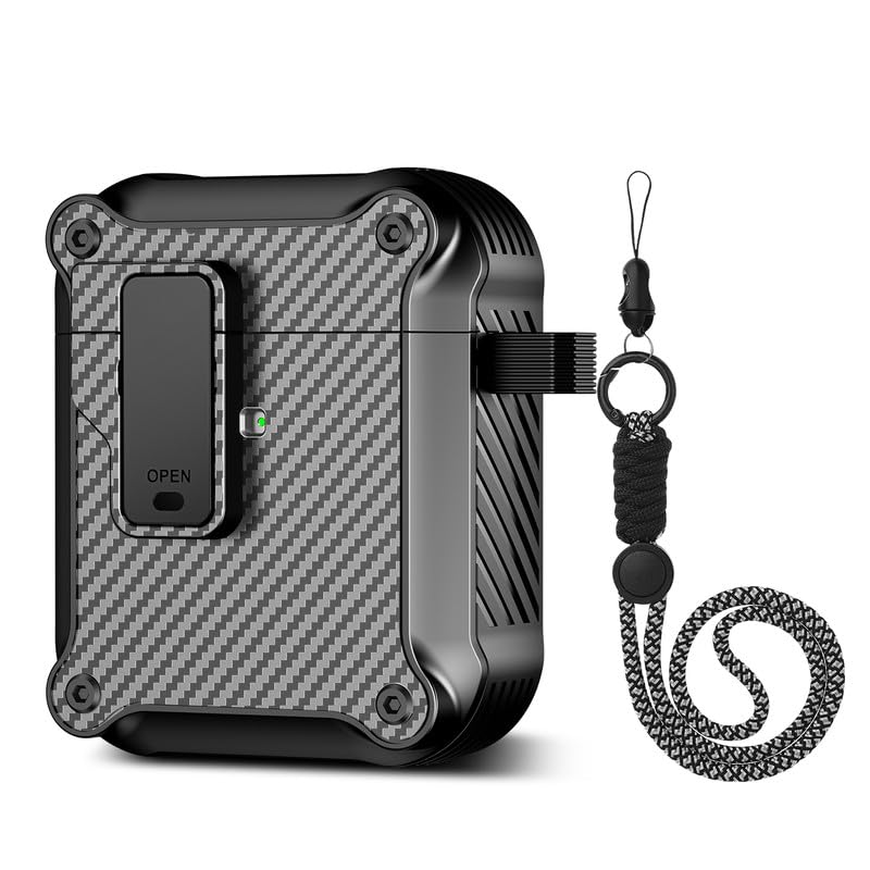 Valkit for Apple AirPods 2nd Generation Case with Secure Lock Clip, Carbon Fiber Hard Shell AirPod 2 Case Cover with Lanyard for Men Women AirPods 2 Wireless Charging Case for AirPods 2 & 1, Black