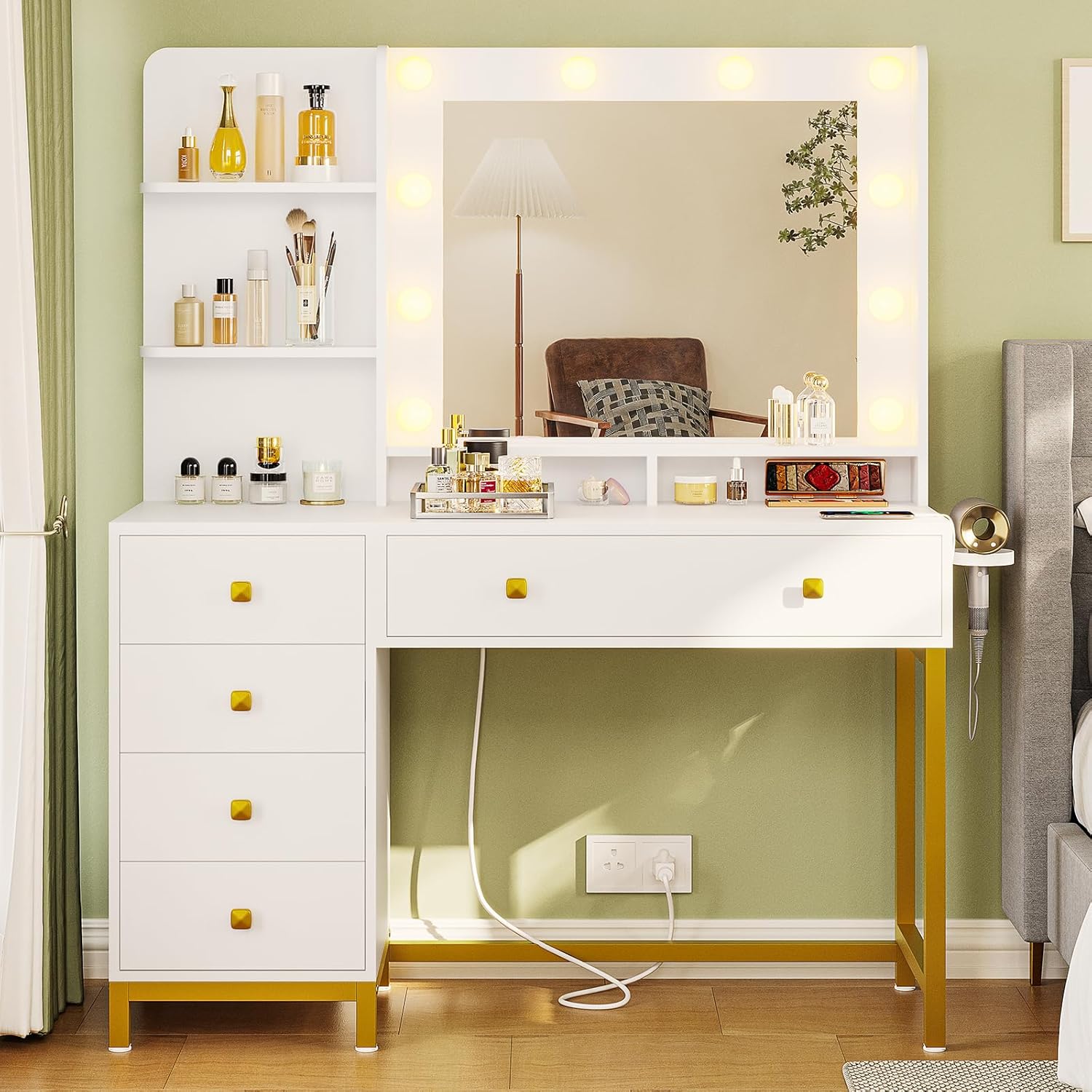 DICTAC Vanity Desk with Mirror,LED Lights and Power Outlet Makeup Vanity Table with 5 Drawers and 3 Storage Shelves Dressing Table,for Bedroom Dressing Room,(White)