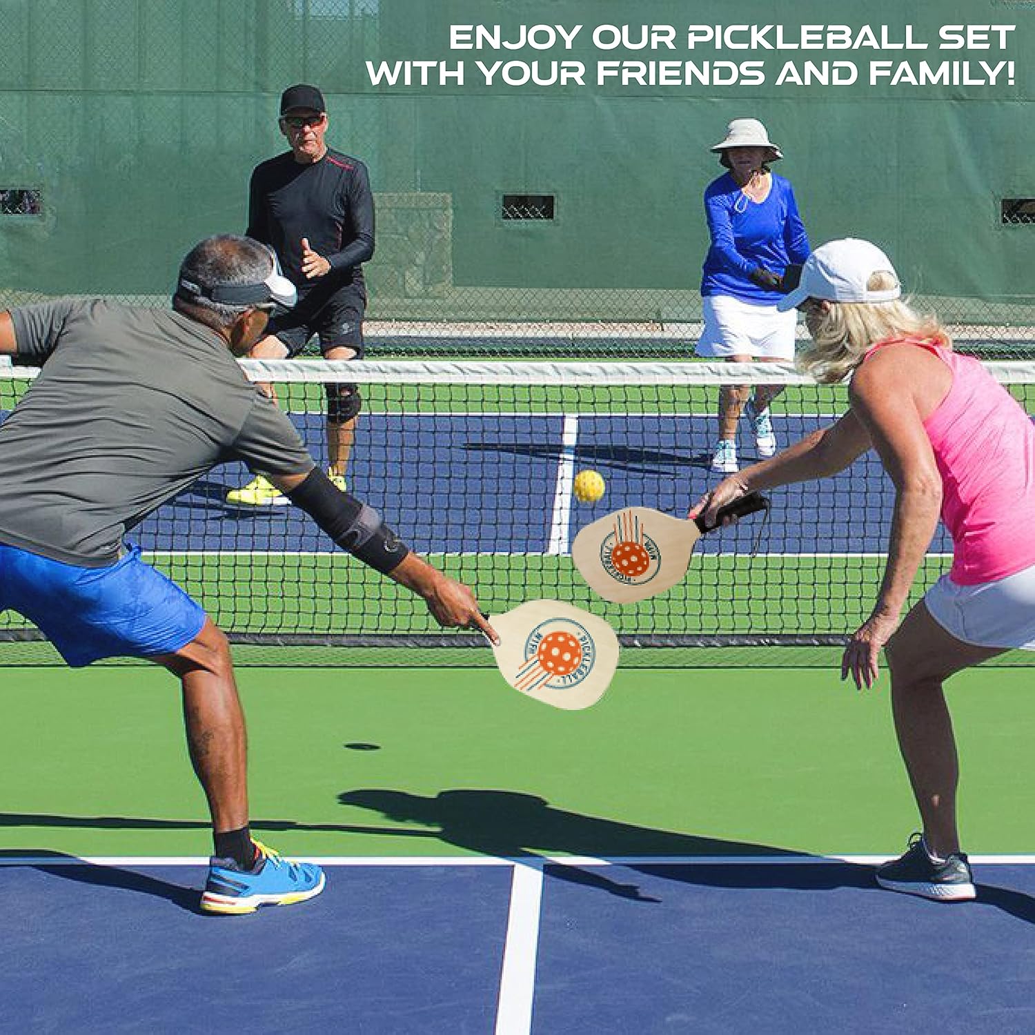 Wood Pickleball Paddle 4 Pack, Wooden Pickleball Paddles, Pickleball Set with 1 Carry Bag and 6 Balls, 7-ply Basswood, Pickle Ball Raquette Set with Ergonomic Cushion Grip, Pickleball Rackets