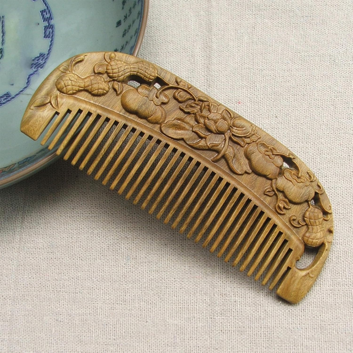 Handmade Carved Natural Sandalwood Hair Comb - Anti-static No Snag Brush for Men's Mustache Beard Care Anti Dandruff Women Girls Head Hair Accessory (Auspicious Green Sandalwood)