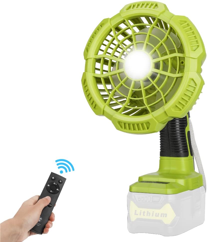 WaxPar For Ryobi Fan Cordless Battery Fan, for Ryobi 18V Fan Battery Operated Fan for Camping with LED Light Compatible with Ryobi 18V one+ Li-Ion Battery, Remote, 3 Wind/Brightness Modes, Timer