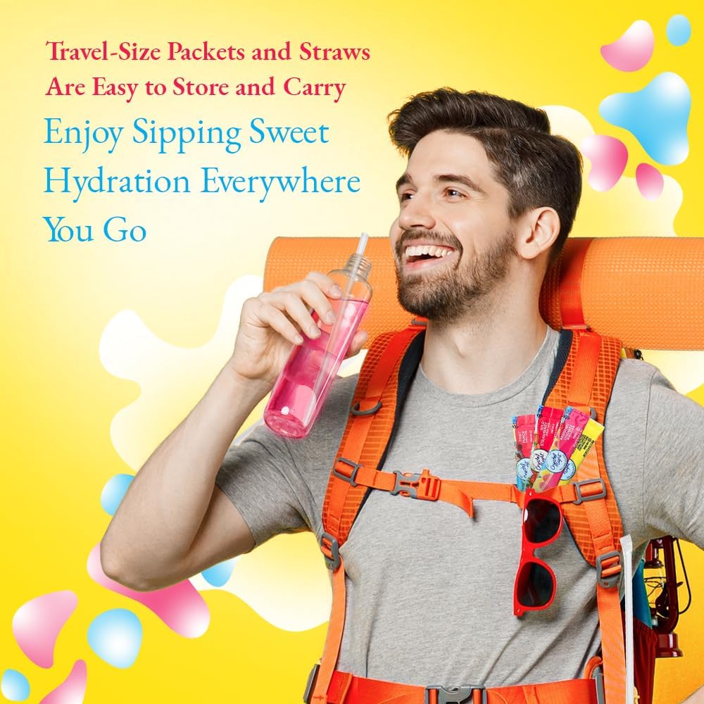 Generic Crystal Light Lemonade, Fruit Punch, Raspberry Lemonade & Wild Strawberry Sugar-Free Powdered Drink Mix Variety Pack, 60 Count With 25 Straws, Fits 16.9 oz Bottles