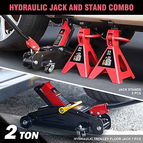 DNA MOTORING TOOLS-00280 Low Profile Hydraulic Trolley Service/Floor Jack Combo with 2 Ratchet Jack Stands, 2 Ton (4000 lbs) Capacity