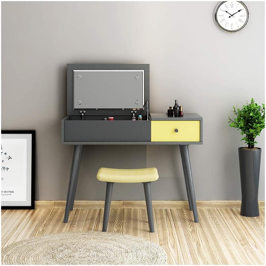 Vanity Table Set Dressing Table Set,Tri-Folding Mirror Vanity Makeup Desk, Cushioned Stool,Drawers, Easy Assembly