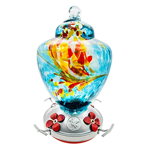 Hummingbird Feeder with Perch - Hand Blown Glass - Red - 38 Fluid Ounces Hummingbird Nectar Capacity Include Hanging Wires and Moat Hook