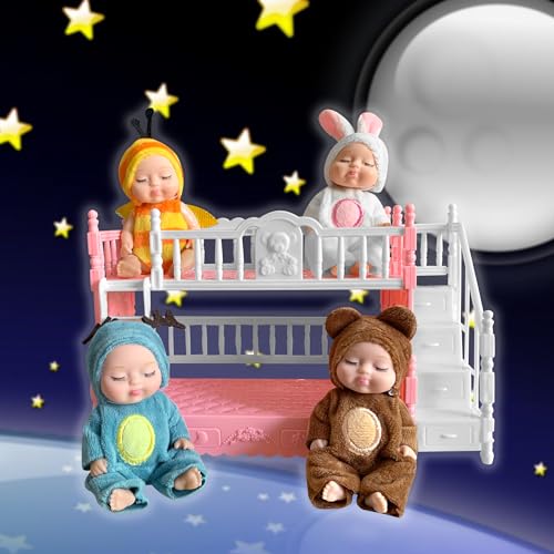 AMETUS 4 Pcs Mini Baby Dolls with Bunk Bed, Baby Bedroom House Furniture Set, Little Mini Reborn Babies, Cute Doll for Girls Kids, Birthday Baby Shower Party Gifts, Dinosaur Faery Fairy Little Tiger