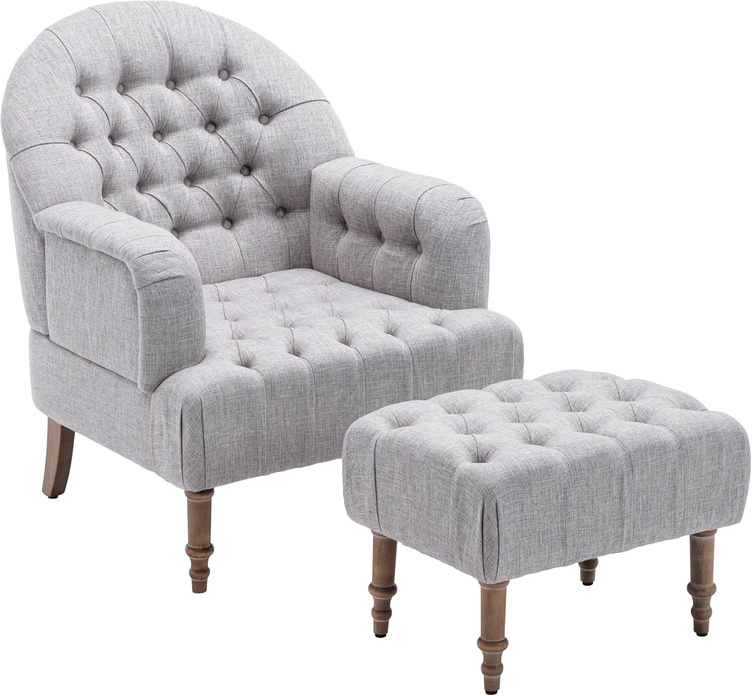 Accent Chair,Button-Tufted Upholstered Chair Set,Mid Century Modern Chair with Linen Fabric and Ottoman for Living Room Bedroom Office Lounge,Gray