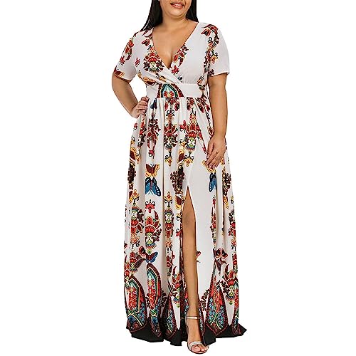 Women'S Cocktail Dresses Plus Size Fashion Butterfly Printed V-Neck Short Sleeve Casual Long Dress, Xl-5Xl
