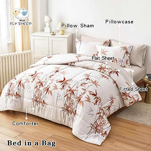 6 Pieces Bed in a Bag Twin Comforter Set with Sheets, Blue Flower Branch on White Botanical Bedding Sets for Kids (1 Comforter, 2 Pillow Shams, 1 Flat Sheet, 1 Fitted Sheet, 1 Pillowcases)