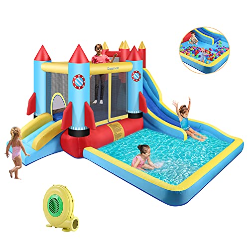DREAMVAN Kids Bounce House with Blower Inflatable Bounce Houses Double Slide Climbing Wall and Ball Pit/Pool Splash Big Bouncy House Bouncing Rocket Jumping Castle Outdoor/Indoor,Ages 3-12 Years