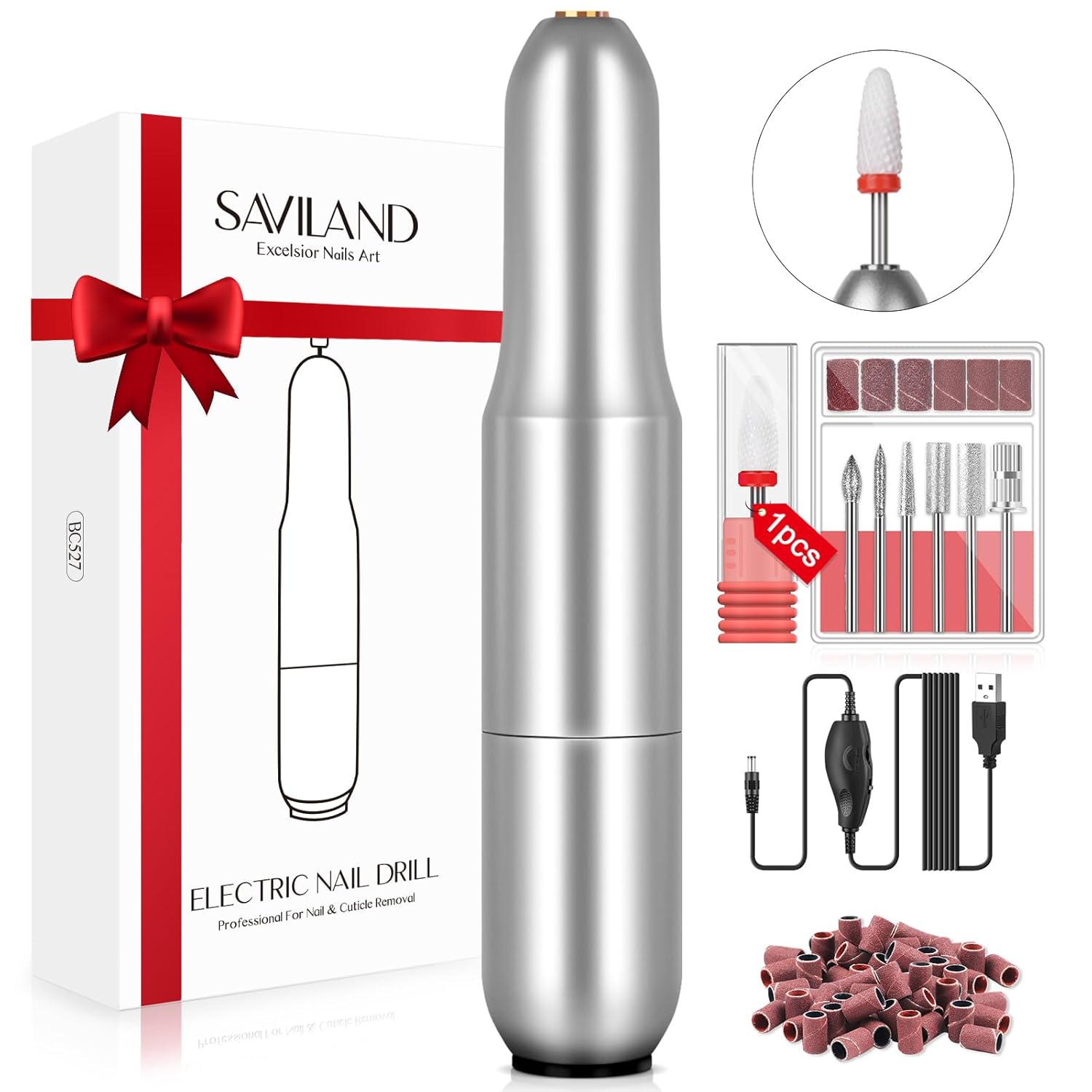 SAVILAND Portable Electric Nail Drill Machine - 20000 RPM USB Electric Nail File with 7 Nail Drill Bits and 51 Sanding Bands for Polishing and Removing Nail Manicure Tools Home Salon Use, Silvery