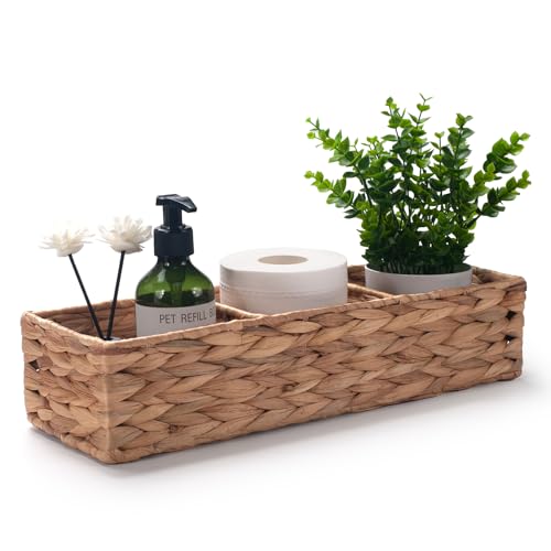 Water Hyacinth Toilet Tank Basket for Toilet Paper Rolls Wicker Baskets for Shelves Tampon Storage for Bathroom 3 Dividers (Large Compartment 16.5inch x 5.5inch x 3.5inch)