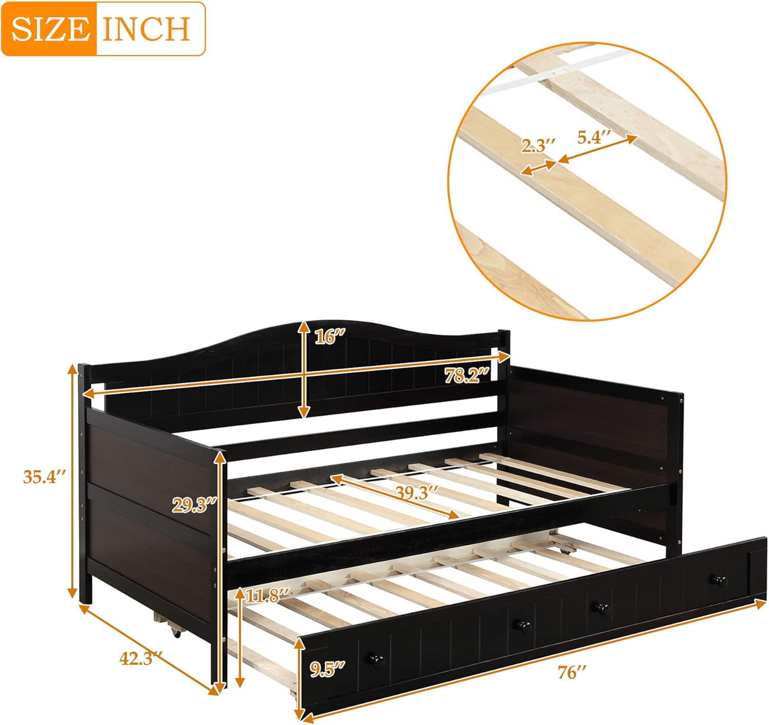 Twin Size Daybed Frame with Trundle,Wood Daybed Slats Support for Bedroom,Dorm,Apartment,Adults,Kids,Saving Space,Espresso