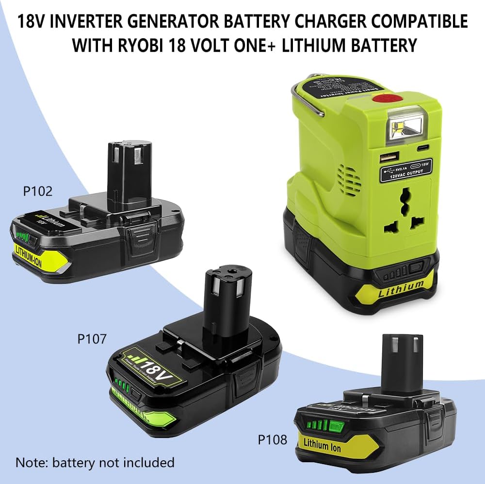 200W Powered Inverter Generator for Ryobi 18V ONE+ Lithium Battery Portable Power Source with 280LM Light, USB Port, TYPE-C Port Ryobi Inverter AC Outlet Convert DC 18V to AC 110V 120V (Tool Only)
