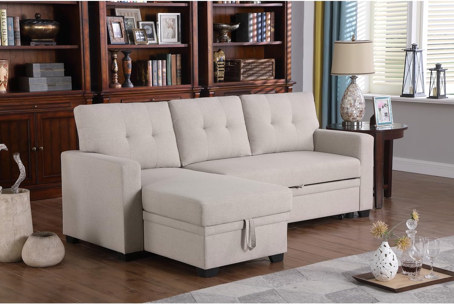 Devion Furniture Polyester Fabric Reversible Sleeper Sectional Sofa-Beige