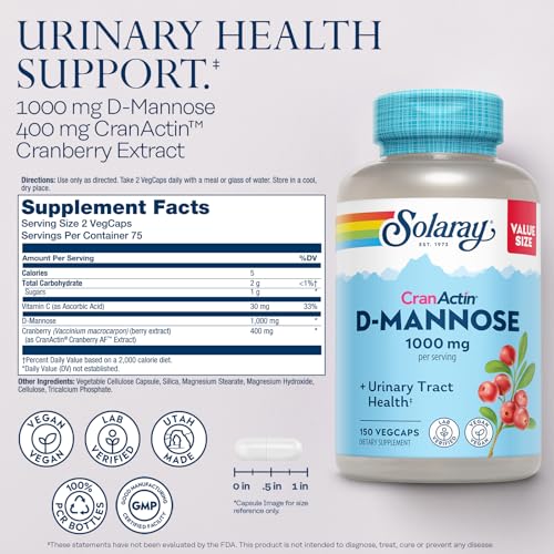 Solaray D-Mannose 1000mg with CranActin Cranberry Extract - D Mannose Cranberry Supplement with Vitamin C - Supports Urinary Tract and Bladder Health - Vegan, 60 Day Guarantee, 75 Serv, 150 VegCaps