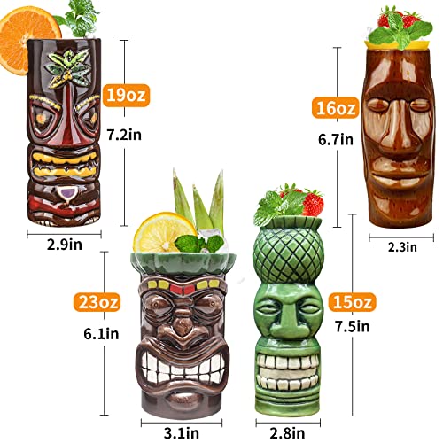 Tiki Mugs Set of 4 – Ceramic Hawaiian Party Mugs Drinkware, Tiki Bar Mugs for Cocktails, Premium Tropical Cups Drinks for Exotic Party