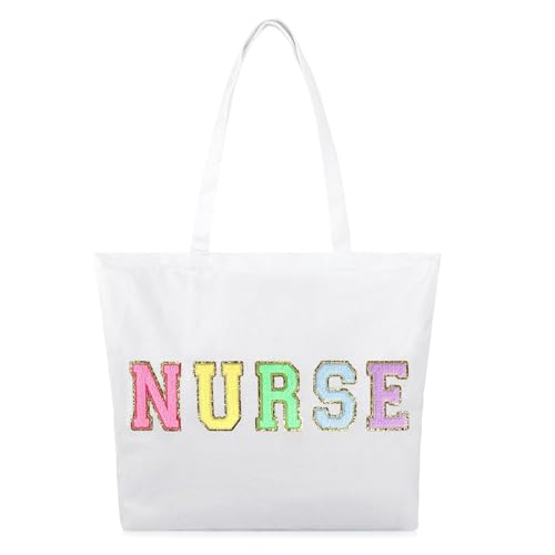 Nurse Tote Bag Perfect Nurse Gifts for Women, Canvas Nursing Bag with Chenille Letter Patches and Zipper Pocket
