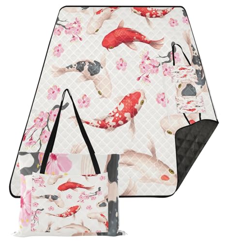 Koi Fish Extra Large Picnic Outdoor Blanket, Foldable Beach Blanket Waterproof Sandproof Camping Mat for Family Travel Park Wet Grass Hiking Yoga, 60 x 80 Inch