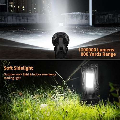 BUYSIGHT Rechargeable Spotlight Flashlight 120000 Lumens Handheld Spot Light LED Flashlight with Handl Ultra-Long Standby Electric Torch with USB Output （Classic Black）