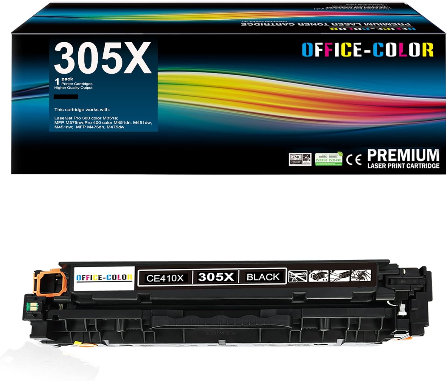 305X Black High-yield Toner Cartridge CE410X Replacement for HP Laserjet Pro 400 Color M451dn, M451dw, M451nw, MFP M475dn, M475dw; Pro 300 Color MFP M375nw (1 Pack)