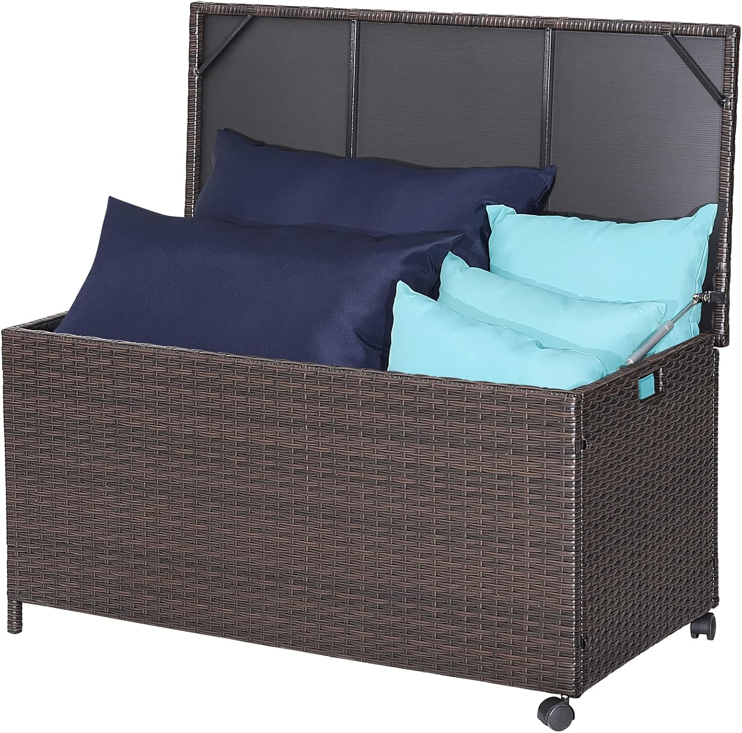 HAPPYGRILL 50 Gallon Outdoor PE Wicker Storage Box Rattan Deck Bin with Waterproof Liner and 2 Universal Wheels, Garden Furniture Container for Cushions Garden Tools