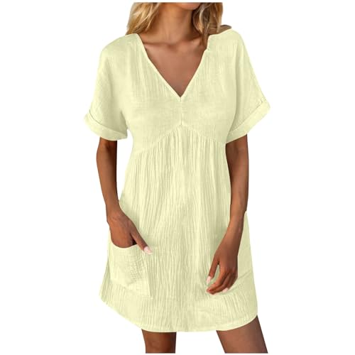 T Shirt Dress for Women Summer Casual V Neck Short Sleeve Dress Solid Loose Comfy Beach Mini Dress with Pockets
