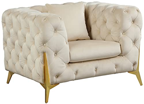Meridian Furniture Kingdom Collection Velvet Upholstered Chair with Deep Button Tufting & Sturdy Gold Metal Legs, Cream