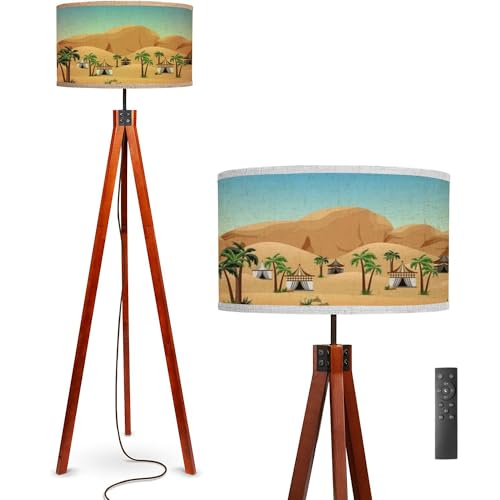 Floor Lamp geometric camouflage style fashionable seamless urban pattern New Standing Lamp Solid Wood Legs Modern Tall Lamp Tripod Floor Lamp with Flaxen Shade for Living Room, Bedroom, Office