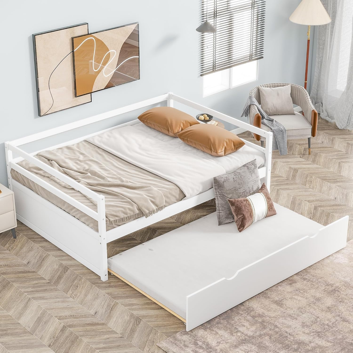 Bellemave Twin Bed with Trundle, Twin Daybed with Trundle, Twin Bed Frames for Kids, Adults, Sofa Bed Frame, White